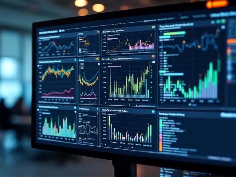 AI analytics dashboard displaying real-time market research data streams and predictive modeling outputs
